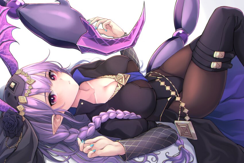 1girl aqua_nails arknights belt black_boots black_shirt black_veil bodystocking boots braid breasts bright_pupils cleavage feet_out_of_frame gold_trim hands_up head_wings highres knee_boots large_breasts long_hair looking_at_viewer lying manticore_(arknights) manticore_(under_a_veil)_(arknights) nail_polish nameko_houshi official_alternate_costume on_back pink_eyes pointy_ears purple_hair scorpion_tail shirt simple_background solo tail veil white_background white_pupils wings