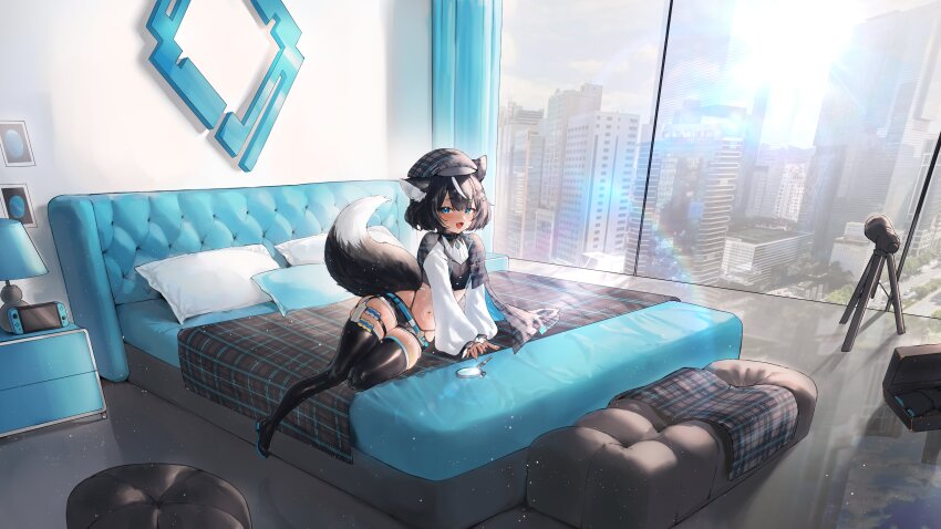 1girl absurdres animal_ears apartment bed bedroom black_hair blue_eyes dark-skinned_female dark_skin dog_ears dog_girl dog_tail fangsie_fido hat highres long_sleeves midriff mila_(milaart12) multicolored_hair on_bed open_mouth panty_straps short_shorts shorts smile tail thighhighs two-tone_hair variance_project virtual_youtuber white_hair