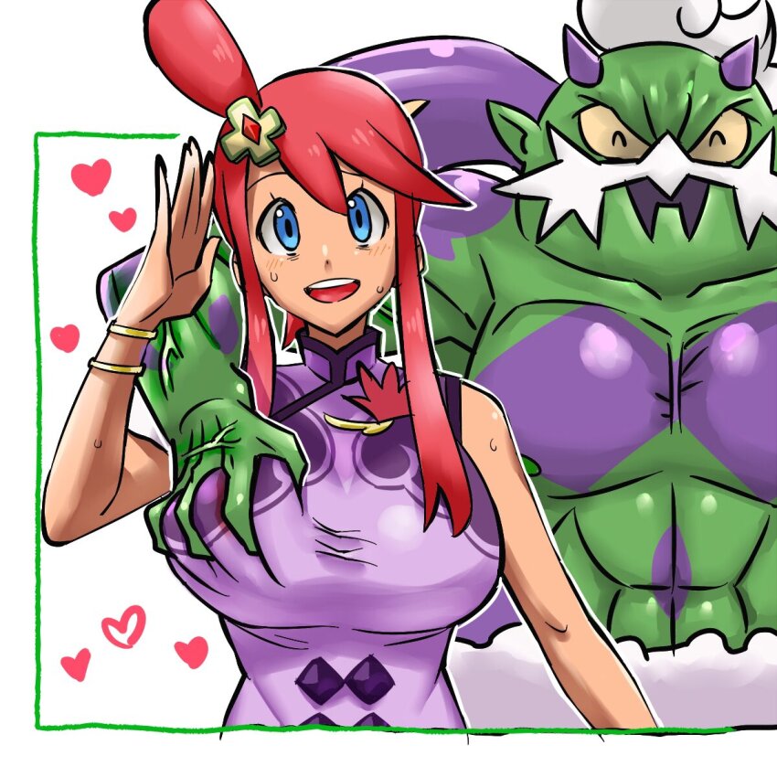 1boy 1girl :d alternate_breast_size blue_eyes blush bracelet breasts commentary_request dress eyelashes gen_5_pokemon grabbing_another&#039;s_breast groping hair_ornament hand_up heart hetero highres jewelry kenchi large_breasts legendary_pokemon looking_at_viewer muscular muscular_male nintendo official_alternate_costume one_side_up open_mouth pokemon pokemon_(creature) pokemon_masters_ex purple_dress sidelocks skyla_(anniversary_2022)_(pokemon) skyla_(pokemon) sleeveless sleeveless_dress smile sweat teeth tornadus tornadus_(incarnate) upper_body upper_teeth_only veins