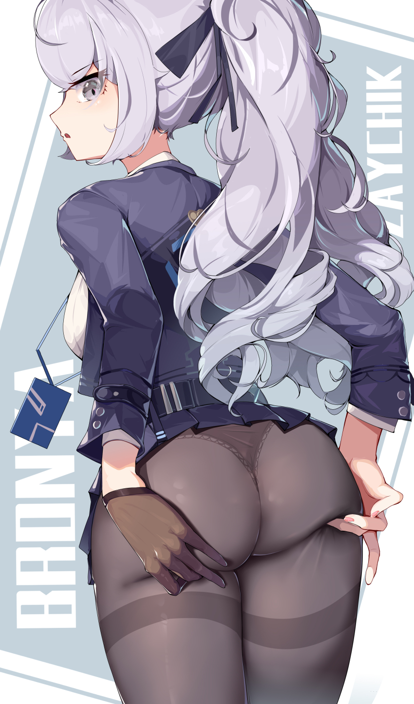 1girl absurdres ass black_gloves black_panties black_pantyhose black_ribbon blue_jacket breasts bronya_zaychik bronya_zaychik_(outstanding_attitude) bronya_zaychik_(silverwing:_n-ex) character_name chinese_commentary commentary_request cowboy_shot from_behind gloves grey_eyes grey_hair hair_ribbon hands_on_own_ass highres honkai_(series) honkai_impact_3rd id_card jacket lanyard large_breasts looking_back panties panties_under_pantyhose pantyhose parted_lips ponytail ribbon shirt single_glove solo thighband_pantyhose underwear white_shirt xg_epee