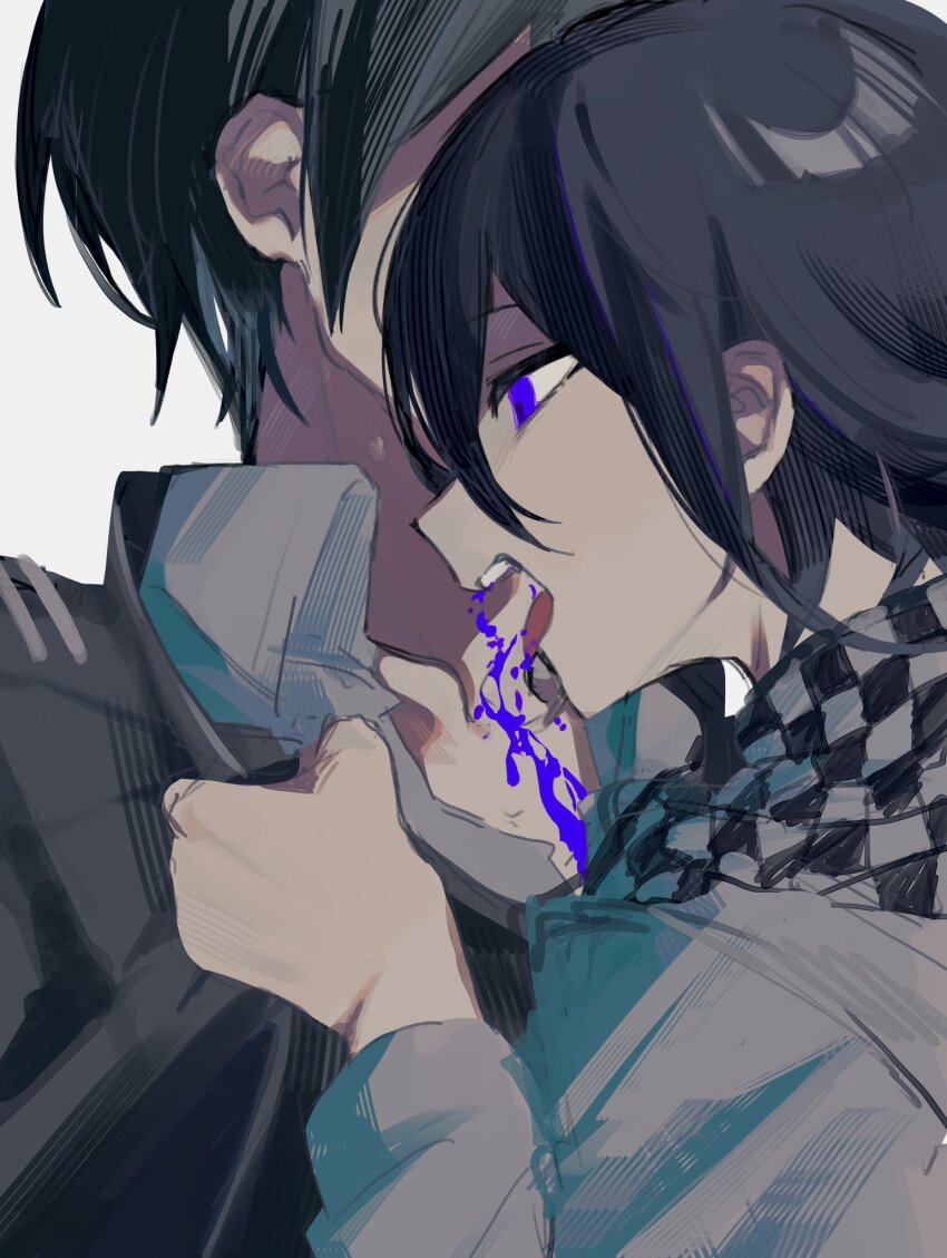 2boys black_hair black_jacket blood blood_on_neck blue_blood checkered_clothes checkered_scarf clothes_grab collar_grab collarbone commentary danganronpa_(series) danganronpa_v3:_killing_harmony expressionless hair_between_eyes highres jacket licking licking_blood long_hair_between_eyes long_sleeves male_focus multiple_boys neckwear_grab nemari_(nemaru_0907) oma_kokichi open_mouth profile purple_eyes saihara_shuichi scarf shirt short_hair simple_background tongue tongue_out two-tone_scarf very_short_hair white_background white_shirt yaoi