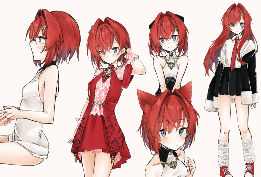 1girl alternate_costume ange_katrina ange_katrina_(1st_costume) ange_katrina_(2nd_costume) ange_katrina_(3rd_costume) animal_ears ayuko_ammobium backless_dress backless_outfit bare_arms bare_shoulders black_bow black_jacket blue_eyes blush bow breasts bridal_gauntlets cat_ears closed_mouth collared_shirt commentary_request crossed_bangs dress earrings floral_print floral_print_dress gold_necklace hair_bow hair_intakes hair_ornament halter_shirt halterneck hand_in_own_hair hand_up highres jacket jewelry kemonomimi_mode lace_bridal_gauntlets layered_dress long_hair long_sidelocks loose_socks medium_hair miniskirt multiple_views necklace necktie nijisanji pink_bridal_gauntlets pink_dress pleated_skirt print_dress red_dress red_hair red_necktie red_shoes shirt shirt_tucked_in shoes short_dress sidelocks simple_background single_off_shoulder sitting skirt sleeveless sleeveless_dress sleeveless_shirt sleeves_past_wrists small_breasts smile socks triangle_hair_ornament triangle_necklace very_long_hair virtual_youtuber white_background white_dress white_shirt white_socks