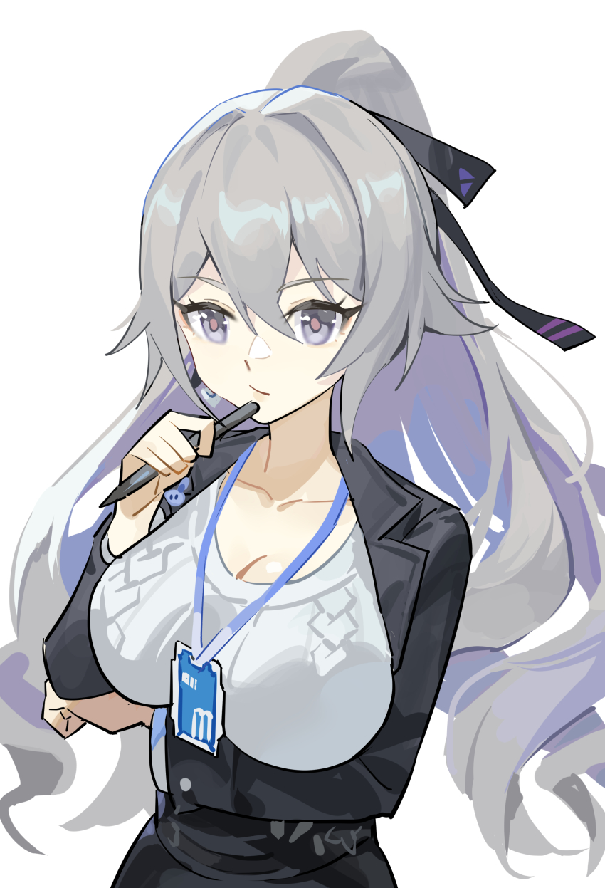 1girl absurdres black_jacket black_ribbon breasts bronya_zaychik bronya_zaychik_(outstanding_attitude) bronya_zaychik_(silverwing:_n-ex) cleavage collarbone grey_eyes grey_hair hair_between_eyes hair_ribbon highres holding holding_pen honkai_(series) honkai_impact_3rd jacket large_breasts long_hair long_sleeves pen ribbon simple_background solo upper_body very_long_hair white_background xinliu_asato