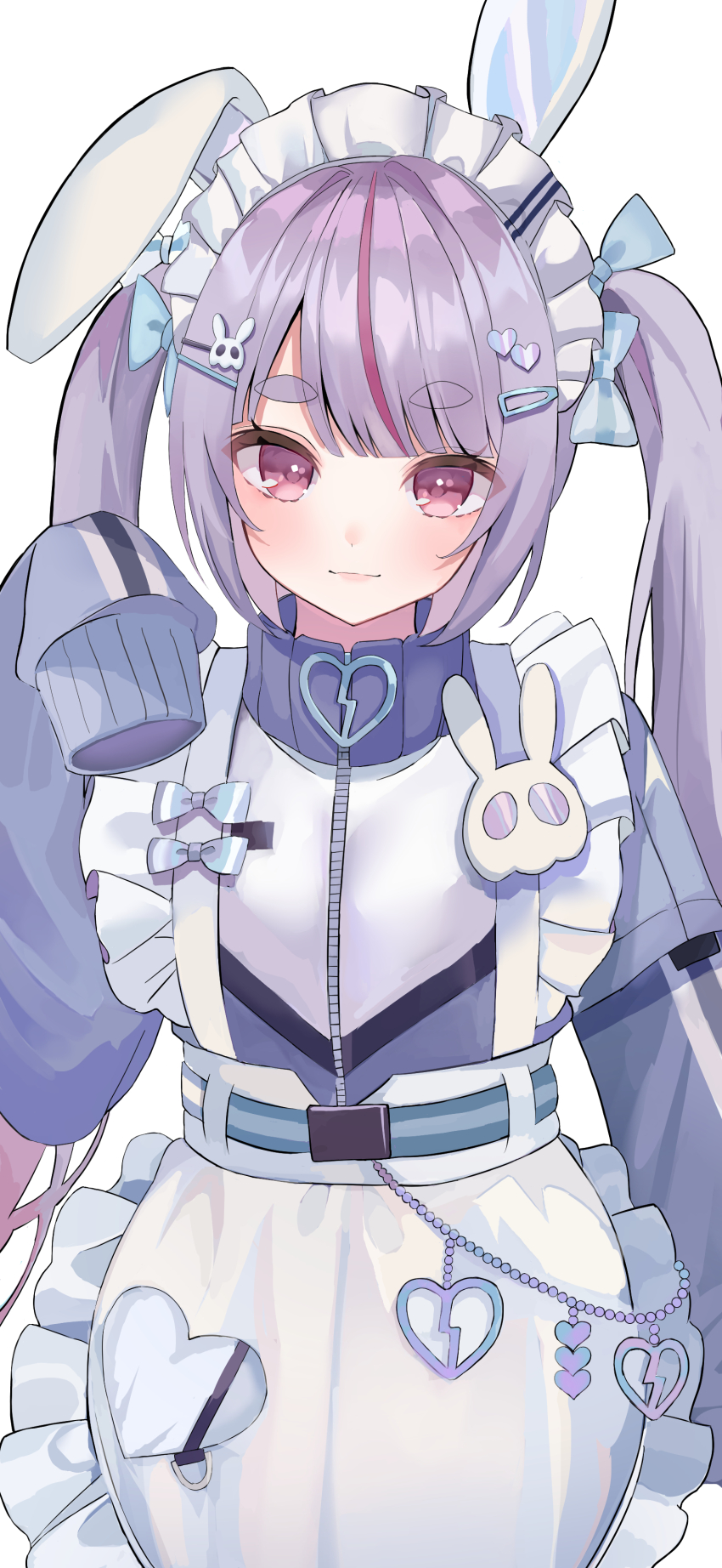 1girl absurdres animal_ears apron bow fake_animal_ears frilled_apron frills gradient_hair grey_jacket hair_bow hair_ornament hairpin heart heart_hair_ornament highres jacket jersey_maid long_sleeves maid maid_apron maid_headdress multicolored_hair multiple_hairpins nakano_kura parted_bangs pink_eyes purple_hair rabbit_ears simple_background sleeves_past_fingers sleeves_past_wrists solo streaked_hair thick_eyebrows tosaki_mimi tosaki_mimi_(4th_costume) track_jacket twintails unconventional_maid upper_body virtual_youtuber vspo! white_background