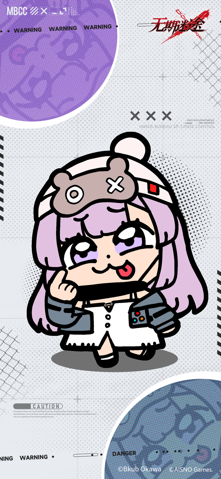 1girl :3 :p absurdres bare_shoulders beanie bkub black_footwear black_mask chibi circle copyright_notice dress english_text eyelid_pull finger_to_eye full_body grey_background grey_jacket grid_background halftone halftone_background hand_up hat hella_(path_to_nowhere) highres jacket logo long_hair looking_at_viewer mask mask_pull mouth_mask official_art official_wallpaper path_to_nowhere pink_hair pom_pom_(clothes) pom_pom_beanie purple_eyes sleeveless sleeveless_dress socks solo standing standing_on_one_leg tongue tongue_out white_dress white_hat white_socks zoom_layer