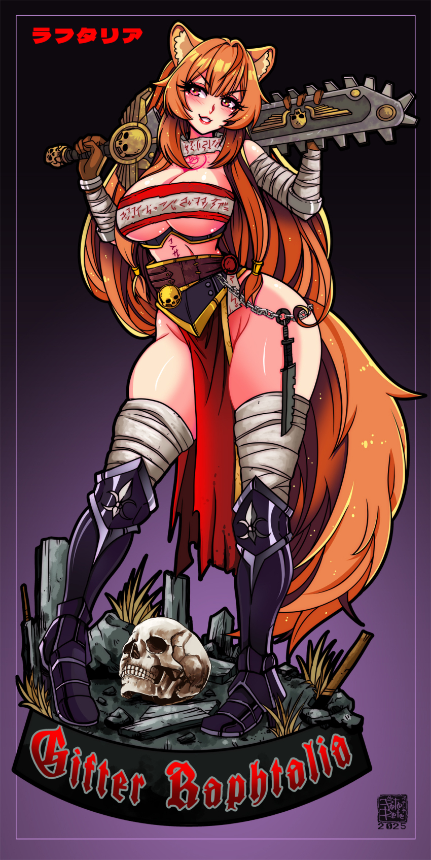 1girl alternate_breast_size alternate_costume animal_ear_fluff animal_ears armored_boots artist_logo bandaged_arm bandaged_leg bandages bare_shoulders black_background blunt_bangs blush boots breasts brown_gloves brown_hair chain chainsword character_name chest_tattoo cleavage clip_studio_paint_(medium) commentary commission dated english_commentary english_text eyelashes full_body gloves gradient_background grin groin hair_between_eyes highres holding holding_behind_back huion knee_boots large_breasts lips logo loincloth long_hair looking_at_viewer metal_arm_cuffs midriff_peek peterete pink_eyes purple_background purple_boots raccoon_ears raccoon_girl raccoon_tail raphtalia red_loincloth red_tube_top skindentation skull slave_brand smile solo standing strapless swordbreaker_(weapon) tail tate_no_yuusha_no_nariagari tattoo thick_thighs thighs translated tube_top two-tone_tube_top underboob variant_set warhammer_40k white_tube_top