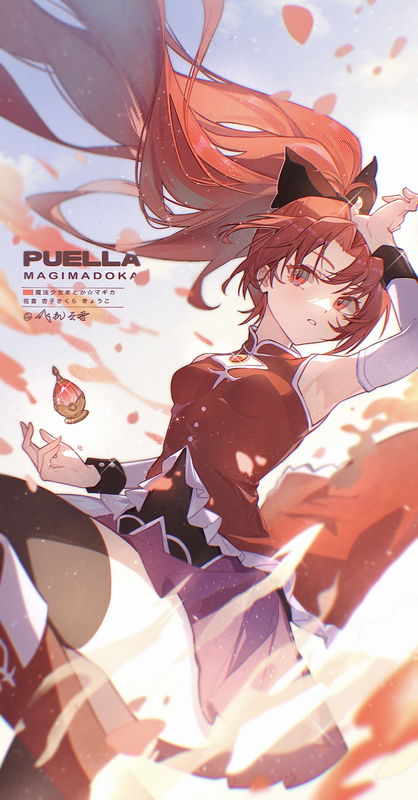 1girl absurdres black_bow black_skirt black_thighhighs bow cloudyman commentary copyright_name detached_sleeves english_commentary feet_out_of_frame gradient_background grey_background hair_bow highres kneehighs long_hair looking_to_the_side magical_girl mahou_shoujo_madoka_magica parted_lips petals ponytail red_eyes red_hair sakura_kyoko sakura_kyoko_(magical_girl) shirt signature skirt sleeveless sleeveless_shirt socks solo soul_gem thighhighs white_background white_sleeves