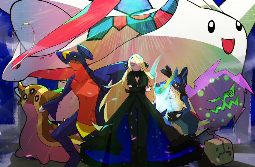 1girl absurdres black_coat black_pants blonde_hair closed_mouth coat collarbone commentary_request cynthia_(pokemon) fur-trimmed_coat fur_collar fur_trim game_freak garchomp gastrodon gastrodon_(west) gen_3_pokemon gen_4_pokemon hair_ornament hair_over_one_eye highres long_hair long_sleeves lucario milotic nintendo pants pokemon pokemon_(creature) pokemon_dppt smile spiritomb standing sunagimo_(sngm_ois) togekiss