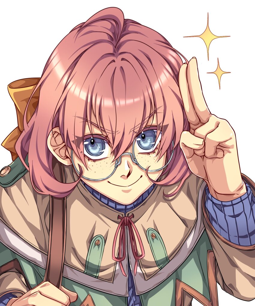 1girl absurdres ahoge blue_eyes bow close-up dorothy_hyatt eiyuu_densetsu freckles glasses hair_bow highres looking_at_viewer pink_hair salute short_hair simple_background smile solo sora_no_kiseki two-finger_salute white_background yuzukiyo