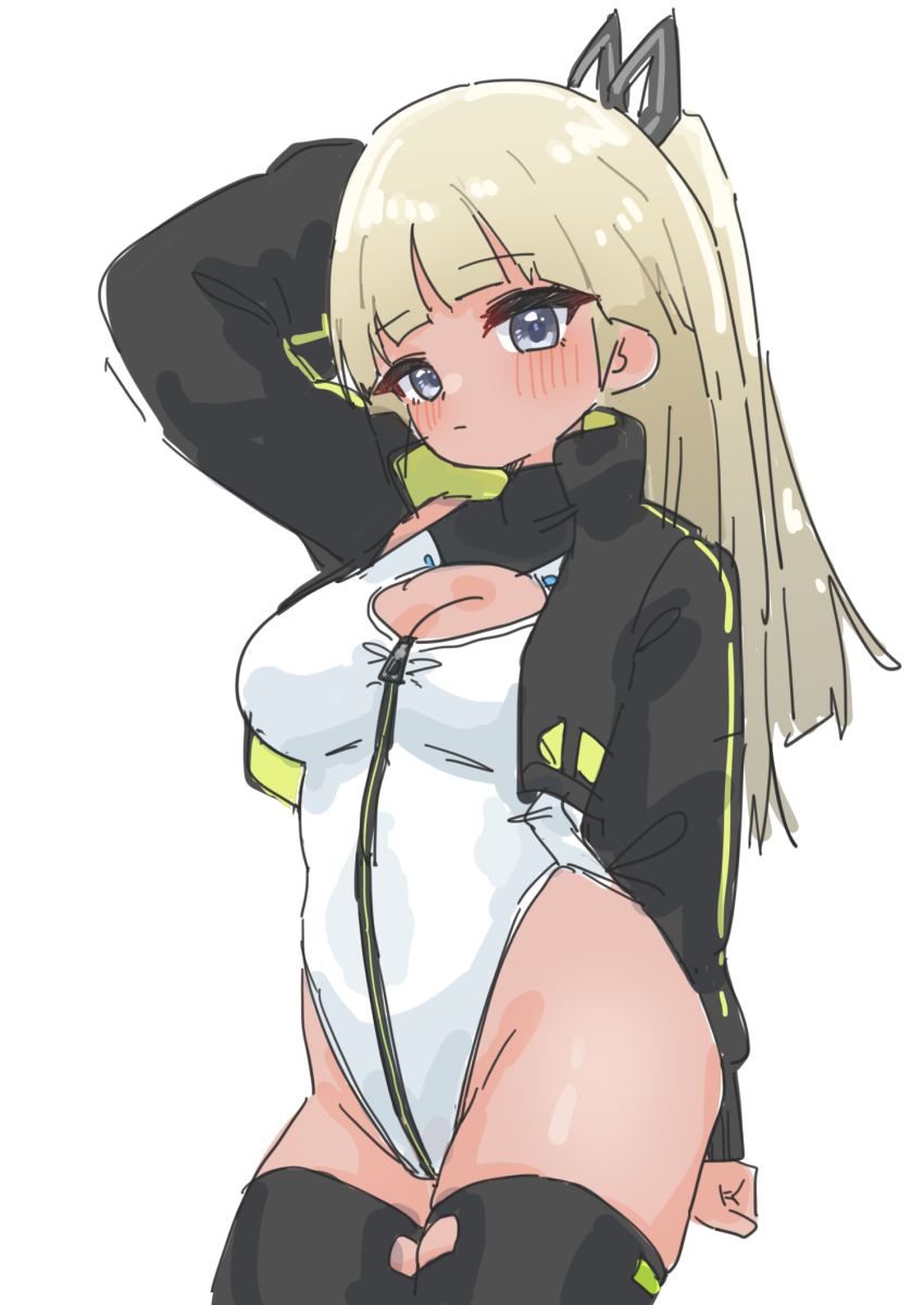 1girl alice_gear_aegis araime_yasuri black_jacket black_thighhighs blonde_hair blue_eyes blunt_bangs breasts circle_cutout cleavage_cutout clothing_cutout companion/af covered_collarbone cowboy_shot dark-skinned_female dark_skin ealun_zatta front_zipper full-length_zipper heattech_leotard highleg highleg_leotard highres jacket leotard long_hair looking_at_viewer medium_breasts multicolored_leotard race_queen simple_background sleeveless_turtleneck_leotard solo thighhighs turtleneck two-tone_leotard white_background white_leotard zipper zipper_leotard zipper_pull_tab