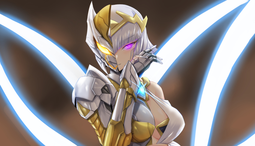 1girl absurdres armor breasts camearra darkness_heels darkness_heels_lili dress energy energy_whip energy_wings glowing glowing_eyes grey_hair highres looking_to_the_side medium_breasts parted_lips power_armor purple_eyes redesign short_hair smile solo ultra_series ultraman_(hero&#039;s_comics) ultraman_suit_(hero&#039;s_comics) ultraman_tiga:_the_final_odyssey ultraman_tiga_(series) whip white_dress yellow_eyes zerokun135