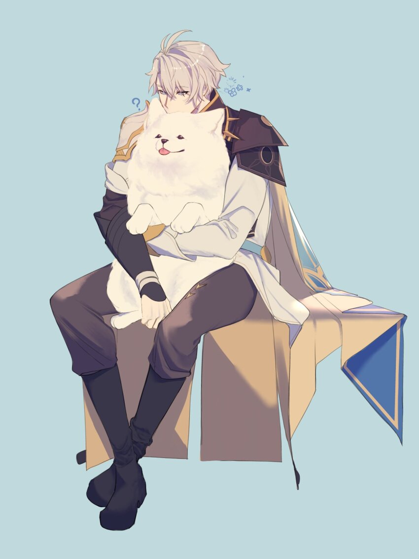 1boy ? animal animal_hug aqua_background armor black_eyes black_pants blue_eyes dog grey_hair highres honkai:_star_rail honkai_(series) male_focus pants phainon_(honkai:_star_rail) simple_background sitting solo tanso25257 tongue tongue_out white_dog