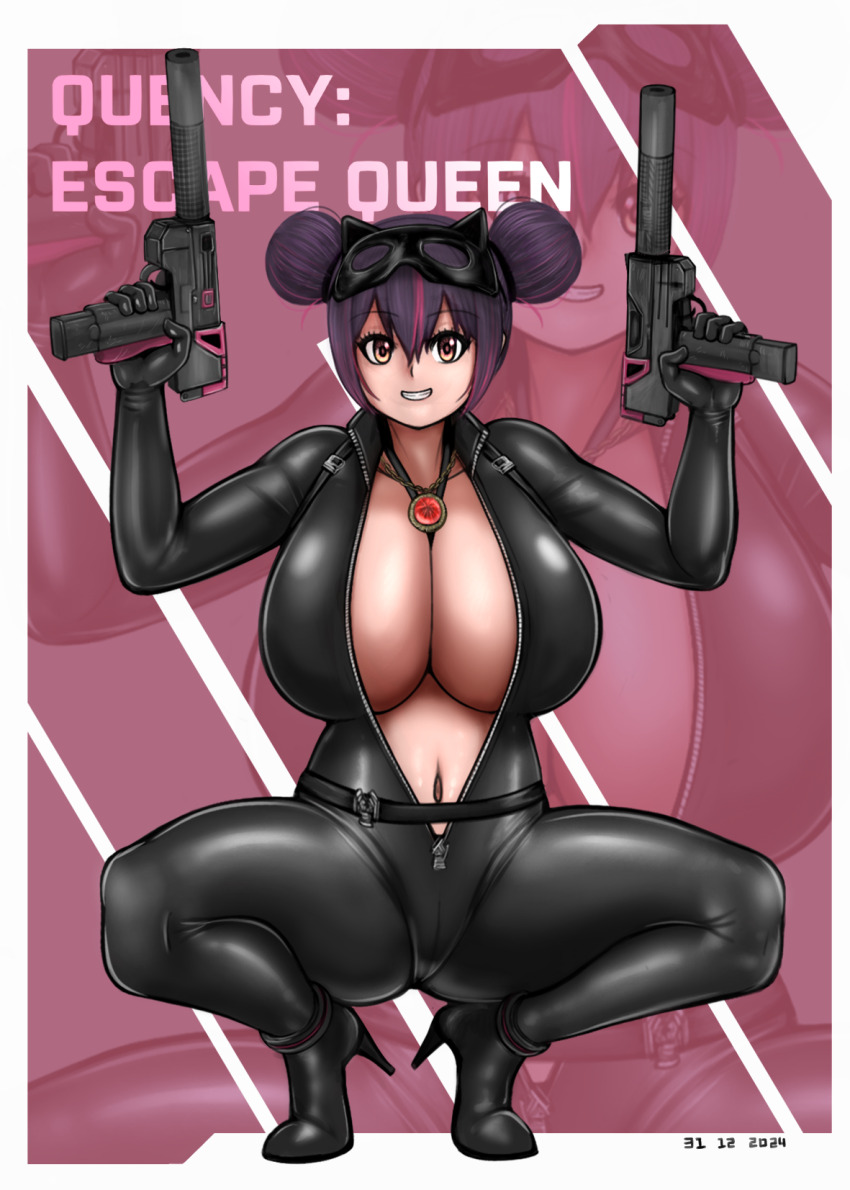black_bodysuit bodysuit breasts catsuit cleavage collared_bodysuit double_bun eye_mask goddess_of_victory:_nikke gun hair_bun highres huge_breasts jangogk87 latex latex_bodysuit mac-10/11 mask mask_on_head multicolored_hair navel open_bodysuit open_clothes purple_hair quency_(escape_queen)_(nikke) quency_(nikke) real_kindness_(nikke) submachine_gun suppressor weapon