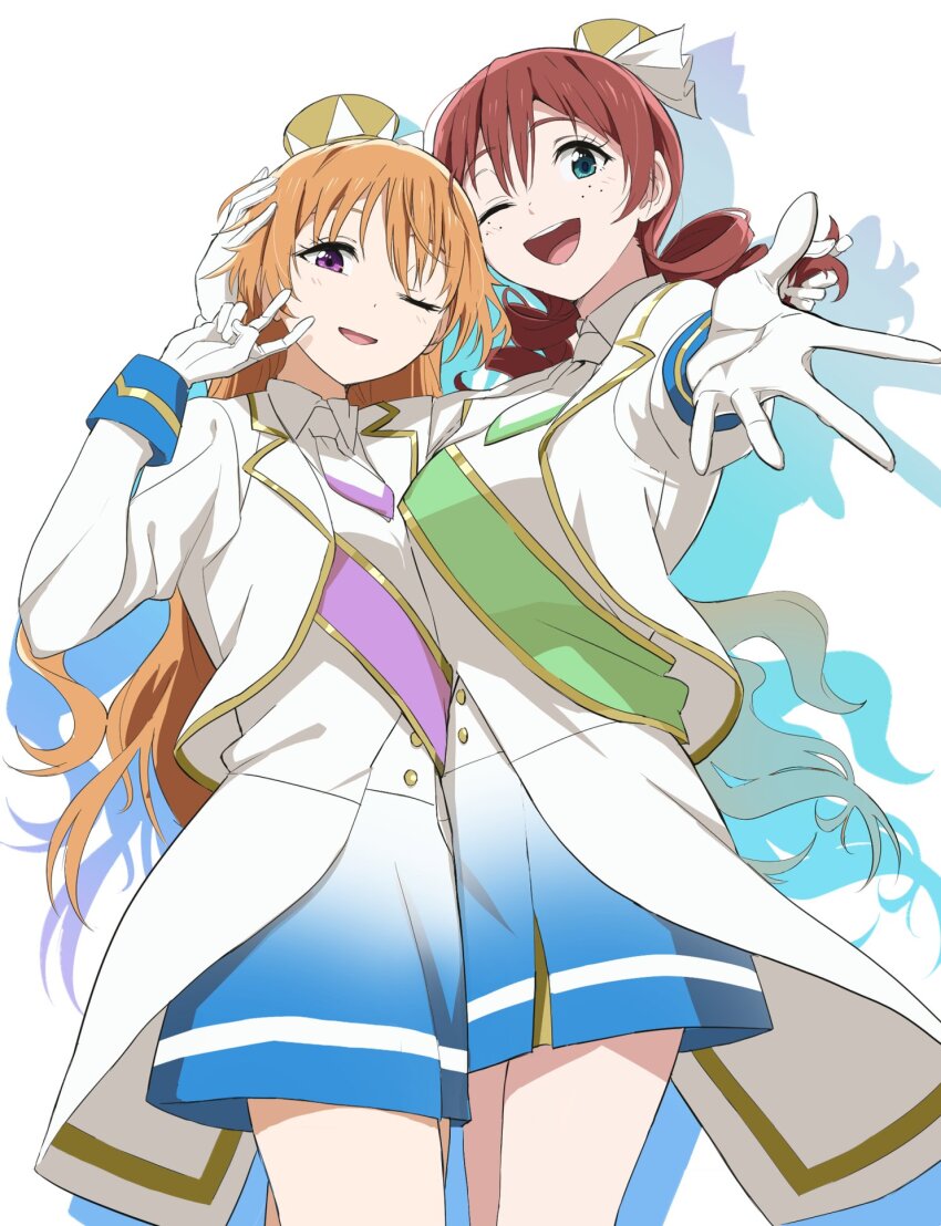 2girls blue_eyes breasts commentary drill_hair drop_shadow emma_verde freckles gloves gradient_clothes gradient_skirt hair_between_eyes hand_on_another&#039;s_head hat highres jacket konoe_kanata large_breasts long_hair long_sleeves looking_at_viewer love_live! love_live!_nijigasaki_high_school_idol_club mini_hat mini_top_hat monowe multiple_girls necktie nijiiro_passions!_(love_live!) official_alternate_costume one_eye_closed open_mouth orange_hair outstretched_arm outstretched_hand purple_eyes red_hair sash shirt skirt smile symbol-only_commentary top_hat twin_drills v white_background white_gloves white_jacket white_shirt