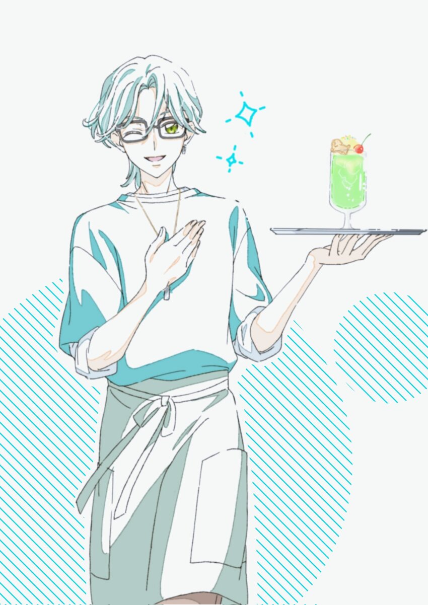 1boy apron bare_arms cafe cherry cookie cup drink earrings food fruit glasses green_eyes green_hair green_shirt hand_on_own_chest hibiki_kaito highres holding holding_cup holding_drink holding_tray hoop hoop_earrings ice_cream ice_cream_float jewelry kimi_to_idol_precure long_sleeves mature_male melon_soda necklace one_eye_closed open_mouth precure round_image shirt shirt_tucked_in short_hair sleeves_rolled_up soda solo solo_focus sugimoto_miho tray upper_body waiter