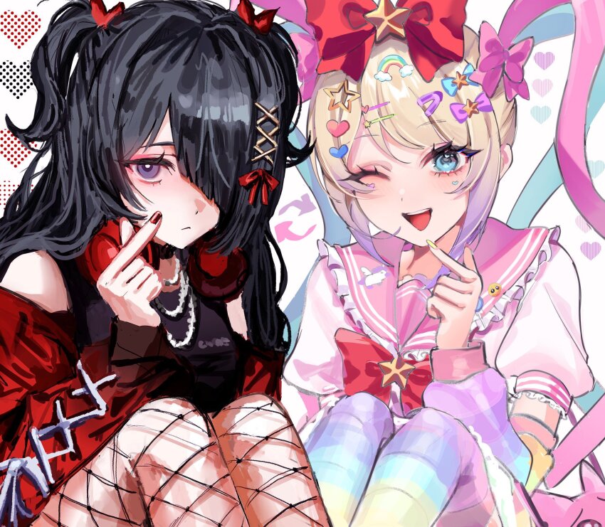 2girls ;d ame-chan_(needy_girl_overdose) artist_collaboration black_choker black_eyes black_hair black_shirt blonde_hair blue_bow blue_eyes blue_hair bow bowtie choker chouzetsusaikawa_tenshi-chan dual_persona gradient_hair hair_bow hair_ornament hair_over_one_eye hairclip headphones headphones_around_neck heart heart_hair_ornament highres index_finger_raised jacket long_hair mizureito multicolored_hair multiple_girls multiple_hair_bows needy_girl_overdose one_eye_closed open_clothes open_jacket open_mouth pink_hair pink_sailor_collar purple_bow purple_hair quad_tails rainbow_arm_warmers rainbow_hair_ornament rainbow_thighhighs red_bow red_bowtie red_jacket sailor_collar shirt smile star_(symbol) star_hair_ornament two_side_up very_long_hair white_shirt x_hair_ornament x_x_(batttsu_404)