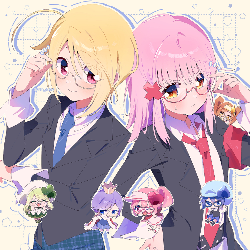 2boys 5girls ^_^ adjusting_eyewear ahoge apron armband belt bespectacled black_belt black_footwear black_jacket black_vest blazer blonde_hair blue_eyes blue_hair blue_hat blue_necktie blue_shorts blunt_ends blush boots brown_hair bubble_skirt newsboy_cap cape chibi chibi_on_shoulder closed_eyes closed_mouth club_hair_ornament collared_jacket collared_shirt commentary cowboy_shot crown dia_(shugo_chara!) diamond_hair_ornament dress fingernails frown fur-trimmed_cape fur_trim glasses gold_crown gradient_background green_dress green_footwear green_hair hair_ornament hairband hand_on_eyewear hand_on_own_hip hat hat_ornament headscarf heart heart-shaped_eyewear heart_hair_ornament high_belt highres hinamori_amu hotori_tadase jacket kiseki_(shugo_chara!) kneehighs lace-trimmed_hairband lace_trim lapels long_hair looking_at_viewer loose_hair_strand miki_(shugo_chara!) mini_crown monocle multiple_boys multiple_girls necktie notched_lapels notice_lines one_eye_closed open_clothes open_jacket open_mouth outline pink_eyes pink_hair plaid_clothes plaid_shorts ponytail puffy_shorts purple_hair ran_(shugo_chara!) red-framed_eyewear red_armband red_cape red_footwear red_scarf round_eyewear scarf school_uniform seishou_elementary_school_uniform serizawa_serizane shirt shoes short_dress short_hair shorts shugo_chara! skirt sleeveless sleeveless_dress smile sneakers socks spade_(shape) spade_hat_ornament star_(symbol) striped_clothes striped_shorts suu_(shugo_chara!) sweatdrop symbol-only_commentary twintails unmoving_pattern vertical-striped_clothes vertical-striped_shorts vest visor_cap white_apron white_background white_dress white_hairband white_hat white_outline white_shirt white_socks white_wrist_cuffs wrist_cuffs x_hair_ornament yellow-framed_eyewear yellow_background yellow_eyes