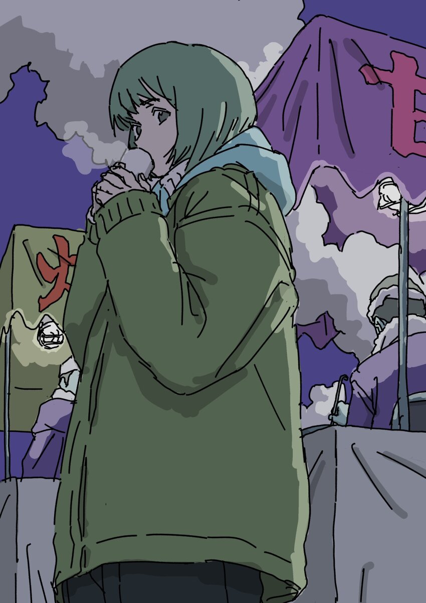 1boy 1girl 2boys cup disposable_cup drinking green_jacket highres holding holding_cup hood hood_down jacket long_sleeves looking_at_viewer looking_to_the_side market_stall medium_hair multiple_boys original solo_focus theco_2