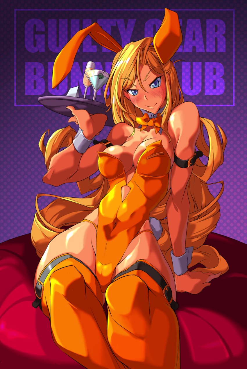 1girl animal_ears blue_eyes blush bow bowtie breasts cleavage cocktail_glass covered_navel cup detached_collar drink drinking_glass fake_animal_ears female_focus food fruit guilty_gear highres leotard long_hair looking_at_viewer medium_breasts millia_rage orange_(fruit) orange_leotard orange_thighhighs playboy_bunny rabbit_ears rabbit_tail sitting smile solo strapless strapless_leotard tail thighhighs tray waitress wrist_cuffs yoshitsuki