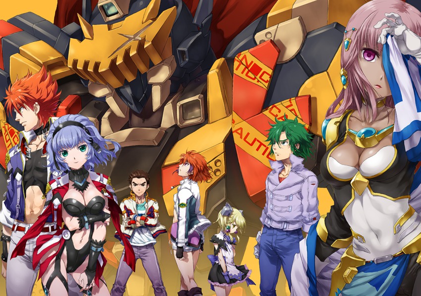 3boys 4girls aqua_centolm aqua_eyes ariel_org banpresto belt black_gloves blonde_hair blue_eyes blue_hair bow breast_hold breasts bridal_gauntlets cape choker cleavage covered_navel crossed_arms dark_skin dress exbein_ashe fingerless_gloves gloves green_hair hair_ornament hairband hugo_medio ibis_douglas irui_guneden jacket kneepits long_hair looking_down looking_up masaki_andoh mecha multicolored_hair multiple_boys multiple_girls nakamura_kanko navel orange_hair purple_eyes purple_gloves purple_hair robot scar short_shorts shorts smile super_robot_wars super_robot_wars_original_generation the_2nd_super_robot_wars_og touma_kanou two-tone_hair uniform white_gloves yellow_eyes