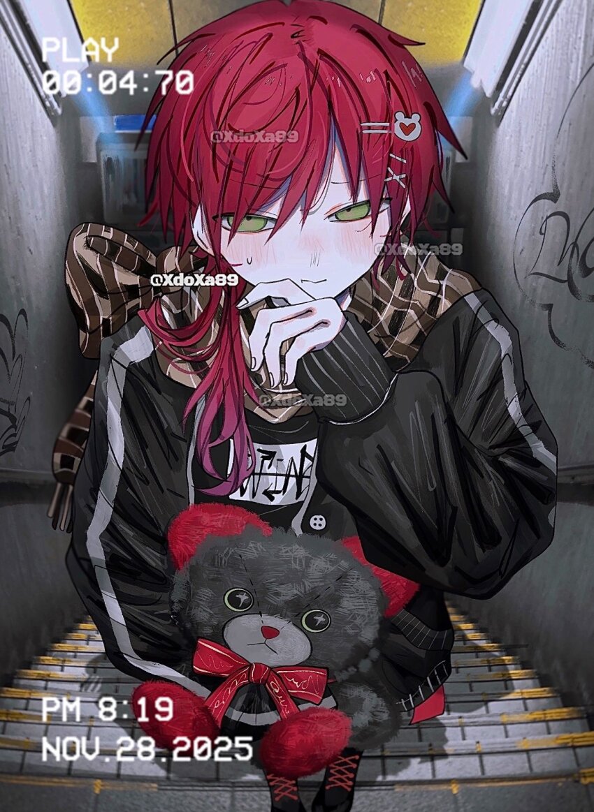1boy alternate_costume artist_name black_jacket blush bow closed_mouth commentary dated foreshortening graffiti green_eyes hair_between_eyes hair_ornament hairclip hand_up highres holding holding_stuffed_toy jacket lauren_iroas long_hair long_sleeves looking_at_viewer male_focus nijisanji on_stairs open_clothes open_jacket ponytail print_shirt red_bow red_hair shirt side_ponytail single_sleeve_past_fingers single_sleeve_past_wrist solo stairs stone_stairs stuffed_animal stuffed_toy sweatdrop symbol-only_commentary teddy_bear virtual_youtuber x_hair_ornament xdoxa89