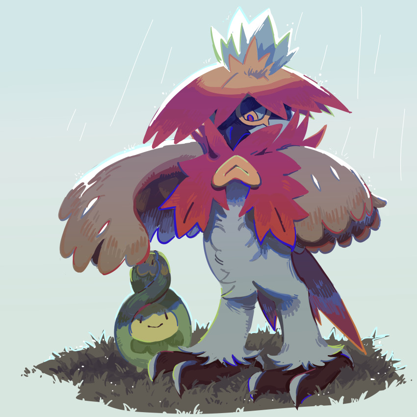 absurdres animal_focus budew commentary_request dongo_(gogosarami) gen_4_pokemon grass grey_background highres hisuian_decidueye looking_down nintendo no_humans orange_eyes pokemon pokemon_(creature) rain red_pupils standing