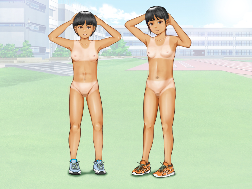 2girls arms_behind_head barefoot black_hair blue_shoes breasts censored commission dark-skinned_female dark_skin exhibitionism highres long_hair looking_at_viewer mosaic_censoring multiple_girls muscular naked_footwear navel nipples nude orange_shoes original outdoors ponytail public_indecency pussy school shoes short_hair skeb_commission smile standing tan tanline tetra2.0 track_and_field