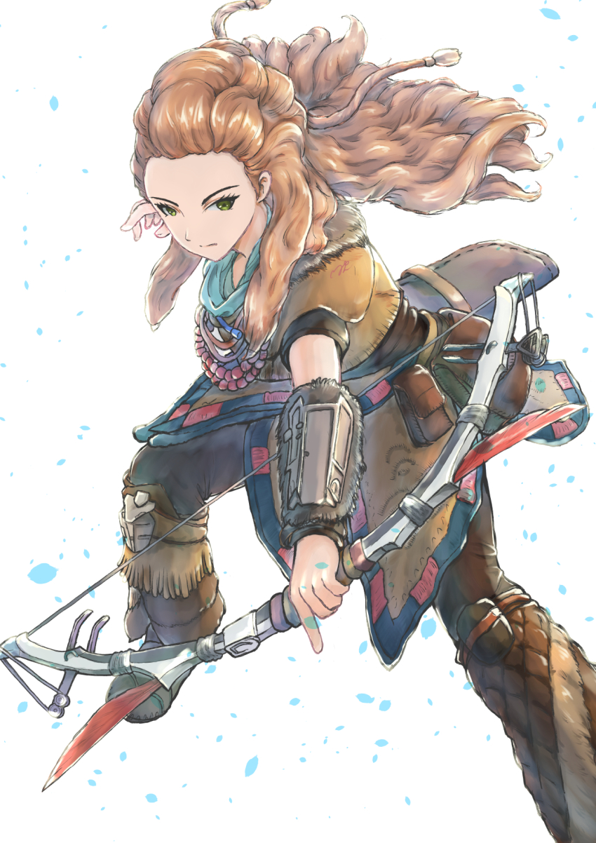 1girl aloy_(horizon) beads boots bow_(weapon) braid commentary freckles fur_trim green_eyes hair_beads hair_ornament highres holding holding_bow_(weapon) holding_weapon horizon_(video_game) horizon_forbidden_west horizon_zero_dawn jewelry long_hair necklace orange_hair shiroyan solo weapon