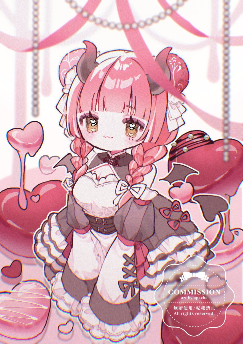 1girl :3 black_dress black_sleeves blunt_bangs blush braid breasts brown_eyes bun_cover cleavage cleavage_cutout closed_mouth clothing_cutout commentary commission detached_sleeves double_bun dress frilled_dress frilled_sleeves frills hair_bun heart highres horns long_hair long_sleeves looking_at_viewer mole mole_on_breast original pink_hair sleeveless sleeveless_dress smile solo symbol-only_commentary twin_braids upache