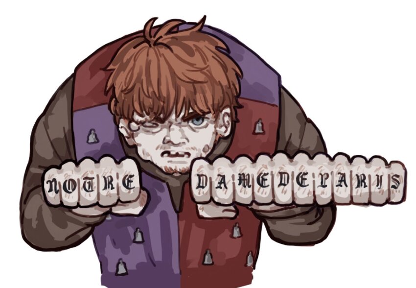 1boy brown_tunic clenched_hands commentary crooked_teeth disfigured extra_digits finger_tattoo grey_eyes hunchback kingjoshua looking_at_viewer orange_hair quasimodo short_hair simple_background solo tabard tattoo the_hunchback_of_notre_dame tunic upper_body white_background