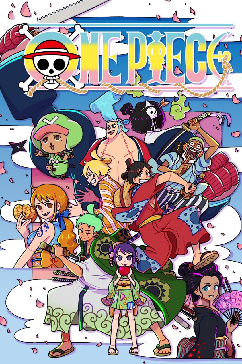 3girls 6+boys afro arm_tattoo blonde_hair blue_eyes blue_hair blue_kimono book_cover_redraw brook_(one_piece) chonmage cigarette cloud commentary copyright_name dark-skinned_male dark_skin derivative_work earphones earrings english_commentary fake_beard fake_facial_hair franky_(one_piece) full_body geisha green_hair green_kimono hair_bun hand_fan haunted-xander highres holding holding_fan japanese_clothes jewelry kimono kurozumi_tama looking_at_viewer monkey_d._luffy multiple_boys multiple_girls nami_(one_piece) nami_(one_piece)_(wano) nico_robin nico_robin_(wano) ninja obi one_eye_closed one_piece orange_hair orange_sash purple_hair red_kimono roronoa_zoro sandals sanji_(one_piece) sash scar scar_across_eye scar_on_face shuriken skeleton sleeveless sleeveless_kimono smile straw_hat_pirates striped_clothes striped_kimono tattoo tony_tony_chopper topknot usopp vertical-striped_clothes vertical-striped_kimono weapon