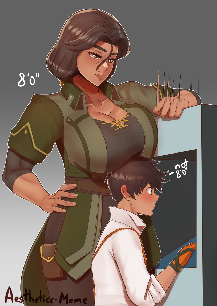 1boy 1girl absurdres aestheticc-meme age_difference breast_rest breasts breasts_on_head brown_hair cleavage collared_shirt genderswap genderswap_(mtf) gloves green_eyes grey_background hair_between_eyes hand_on_own_hip hazel_rainart height_conscious height_difference highres large_breasts long_hair muscular muscular_female orange_gloves oscar_pine pouch rwby shirt simple_background size_difference sleeves_rolled_up suspenders tall_female tan thigh_pouch uniform white_shirt yellow_eyes