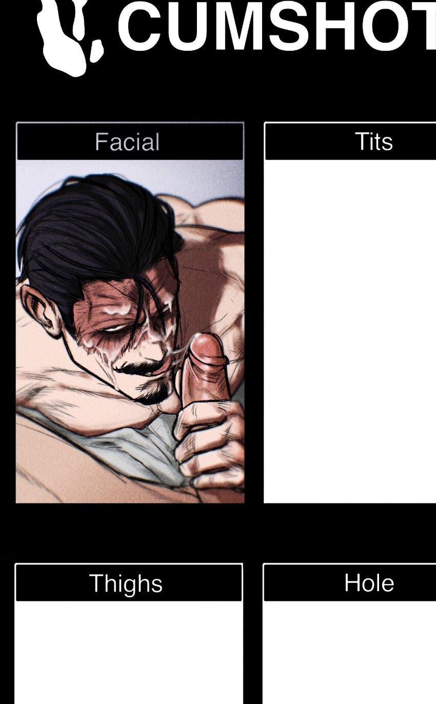 2boys after_fellatio bara black_eyes black_hair cum cum_on_body draw_your_character_cumshots_(meme) english_text erection facial facial_hair goatee golden_kamuy hair_slicked_back highres licking licking_cum licking_lips male_focus mature_male meme multiple_boys mustache pectorals pov pov_crotch seductive_smile short_hair smile smokerichi solo_focus tongue tongue_out tsurumi_tokushirou uncensored yaoi
