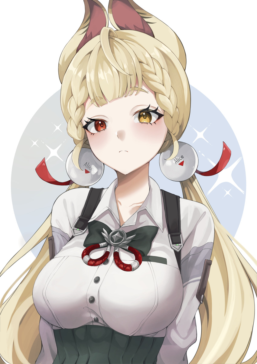1girl absurdres alice_thymefield animal_ears blonde_hair breasts circle collared_shirt commentary expressionless green_skirt heterochromia highres long_hair long_sleeves looking_at_viewer low_twintails mirai&#039;g pleated_skirt rabbit_ears rabbit_girl red_eyes shirt simple_background skirt sphere_hair_ornament twintails upper_body white_background white_shirt yellow_eyes zenless_zone_zero