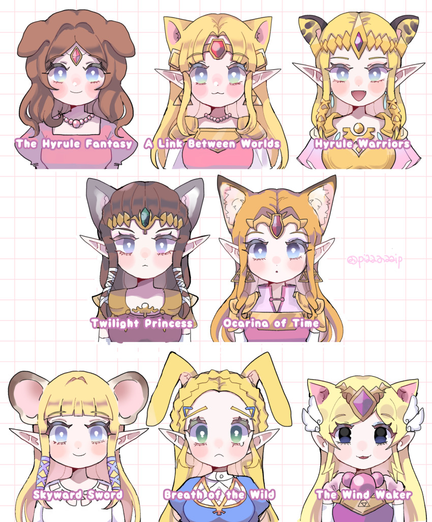 6+girls :3 animal_ear_fluff animal_ears armor bead_necklace beads blonde_hair blue_eyes blunt_bangs blush braid brown_hair cat_ears cat_girl circlet commentary_request cropped_torso crown_braid dog_ears dog_girl dress earrings gem green_eyes grid_background hair_ornament hairclip highres hyrule_warriors jewelry kemonomimi_mode long_hair looking_at_viewer mouse_ears mouse_girl multiple_girls multiple_persona n1ku22a necklace nintendo orange_hair pink_dress pointy_ears princess_zelda purple_dress rabbit_ears rabbit_girl red_gemstone shoulder_armor sidelocks straight-on the_legend_of_zelda the_legend_of_zelda:_a_link_between_worlds the_legend_of_zelda:_breath_of_the_wild the_legend_of_zelda:_ocarina_of_time the_legend_of_zelda:_skyward_sword the_legend_of_zelda:_the_wind_waker the_legend_of_zelda:_twilight_princess the_legend_of_zelda_(nes) toon_zelda triforce twitter_username white_background white_dress