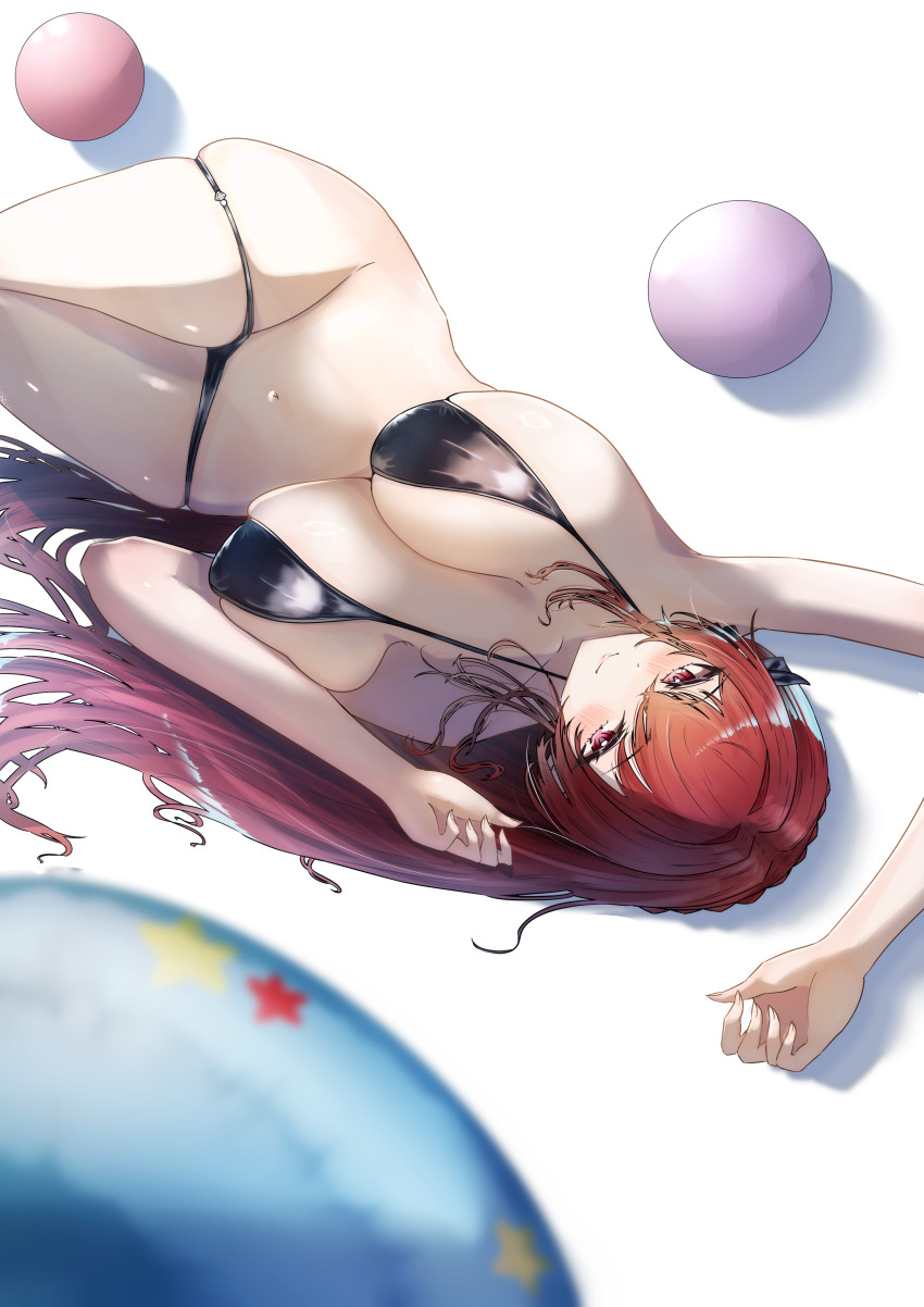 1girl absurdres azur_lane ball beachball bikini black_bikini breasts closed_mouth highres large_breasts long_hair looking_at_viewer lying monarch_(azur_lane) monarch_(sovereign_of_the_beach)_(azur_lane) navel nonokuro_no96 official_alternate_costume on_back purple_eyes red_eyes red_hair simple_background skindentation smile solo stomach swimsuit white_background