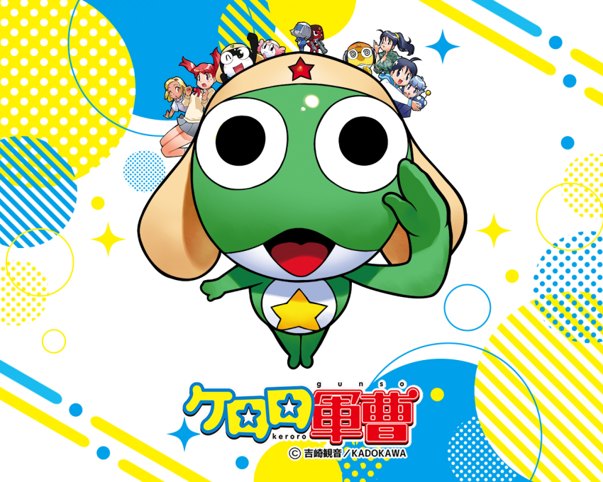 angol_mois black_eyes black_hair blonde_hair blue_hair copyright_name dororo_(keroro_gunsou) frog giroro glasses hat headphones hinata_aki hinata_fuyuki hinata_natsumi hood hoodie jacket keroro keroro_gunsou kururu_(keroro_gunsou) long_hair looking_at_viewer mask mouth_mask ninja_mask nishizawa_momoka official_art official_wallpaper red_hair school_uniform short_hair simple_background star_(symbol) sumomo_(keroro_gunsou) tamama weapon yoshizaki_mine