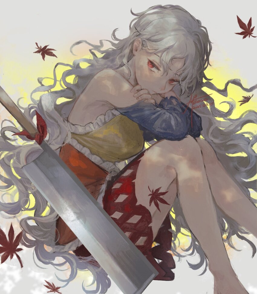 1girl barefoot closed_mouth commentary_request dated detached_sleeves dress falling_leaves frilled_dress frills gensou_aporo grey_hair highres leaf long_hair multicolored_dress nata_(tool) orange_dress red_eyes sakata_nemuno signature sitting sleeveless sleeveless_dress solo touhou yellow_dress