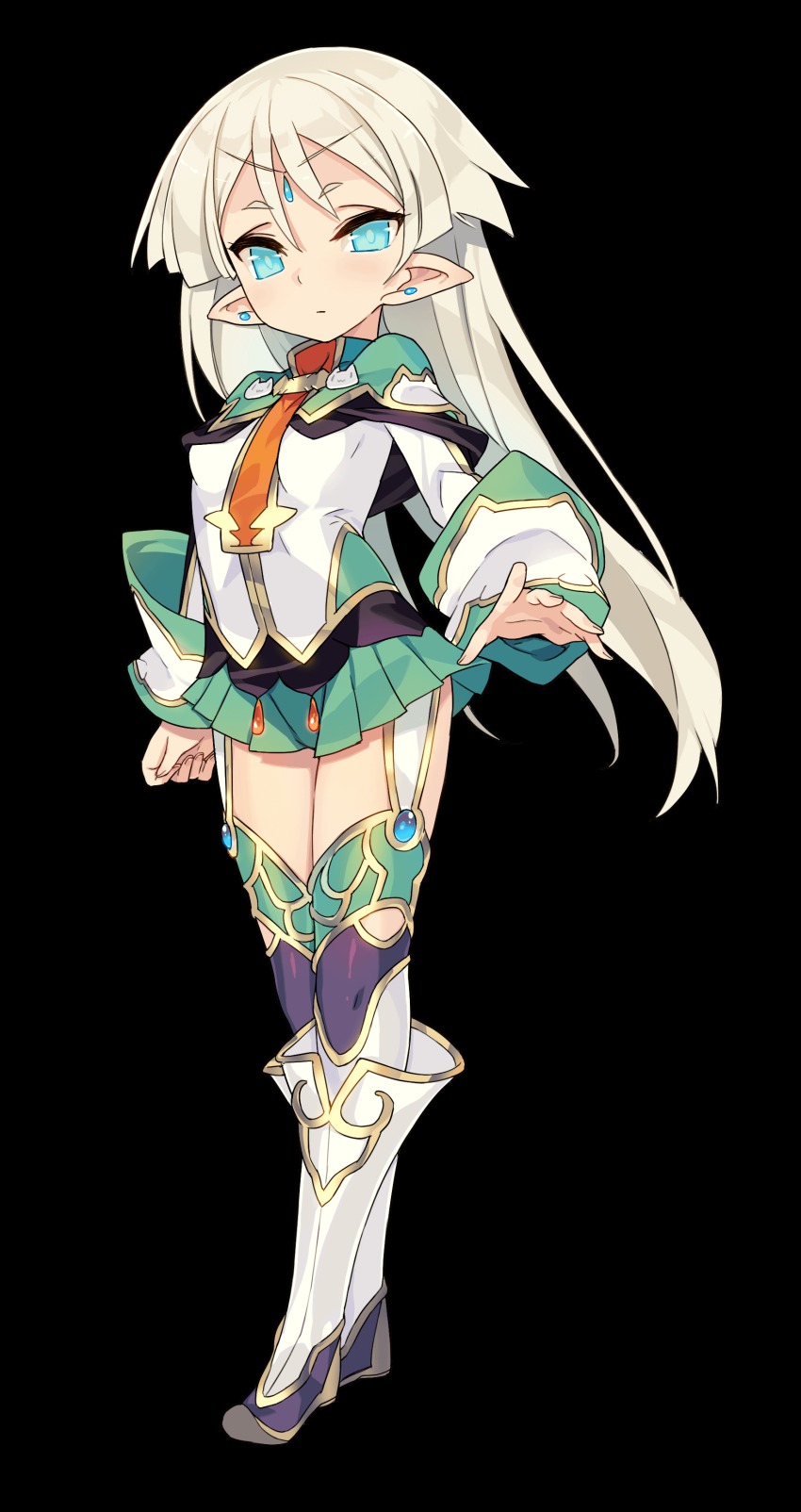 1girl absurdres aqua_eyes blade_(galaxist) blonde_hair blue_eyes boots circlet earrings elf expressionless female_focus full_body garter_straps highres jewelry knee_boots kris_bernal long_hair long_sleeves official_art pleated_skirt pointy_ears pop-up_story skirt sleeve_cuffs solo thigh_boots thighhighs transparent_background white_boots