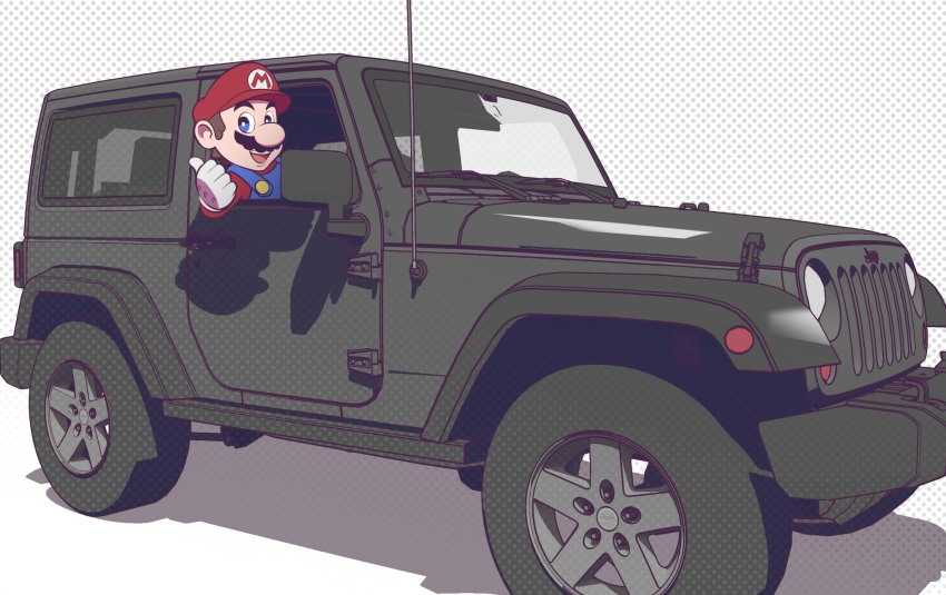 1boy andrian_januar_adilia blue_eyes blue_overalls car facial_hair gloves hat highres indonesian_commentary jeep_wrangler looking_at_viewer mario mario_(series) motor_vehicle mustache nintendo open_mouth overalls red_hat right-hand_drive shadow teeth thick_mustache thumbs_up upper_body upper_teeth_only vehicle_focus white_background white_gloves