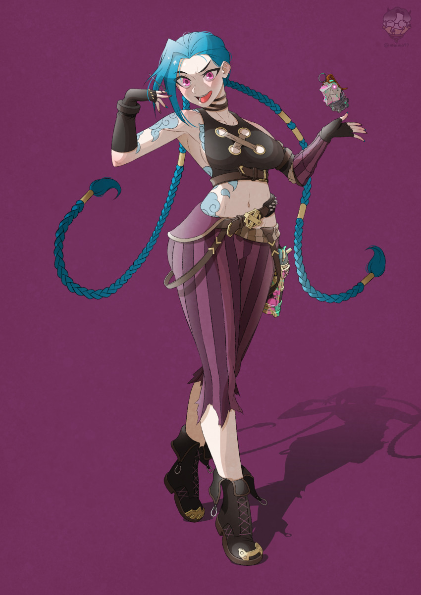 1girl absurdres arcane:_league_of_legends blue_hair boots braid breasts explosive gloves grenade highres jinx_(league_of_legends) league_of_legends long_hair twin_braids twintails very_long_hair weapons