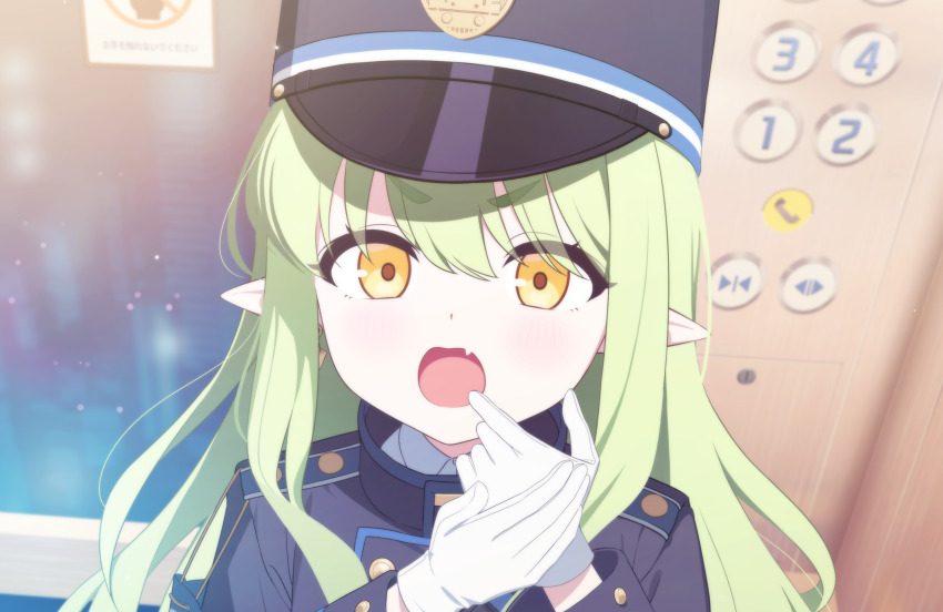 1girl black_jacket blanchat blue_archive blue_jacket blurry blurry_background blush buttons double-breasted elevator fang game_cg gloves green_hair hair_between_eyes hat highres hikari_(blue_archive) jacket long_hair long_sleeves looking_at_viewer making_faces official_art open_mouth peaked_cap pointy_ears solo thick_eyebrows train_conductor upper_body white_gloves yellow_eyes