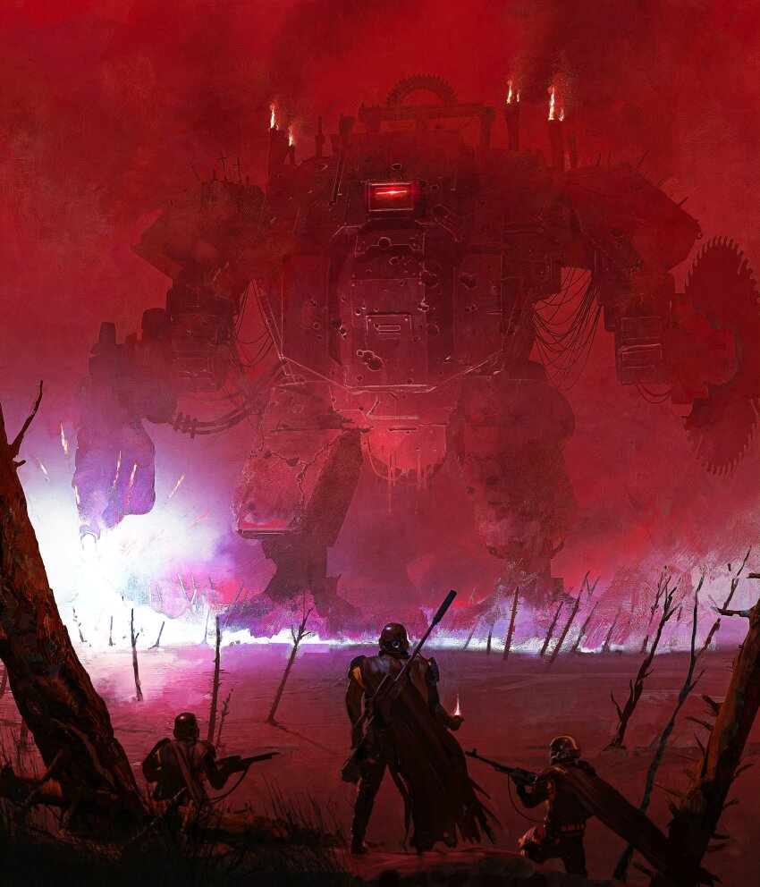 3others absurdres armor cable cape circular_saw cloud cloudy_sky commentary cross destruction english_commentary exhaust_pipe fire from_behind gears gun gun_on_back helldiver_(helldivers) helldivers_(series) helmet highres holding holding_gun holding_rifle holding_weapon hulk_(helldivers) lionel_schramm mecha multiple_others outdoors purple_fire red_sky rifle robot saw sky tree weapon weapon_on_back