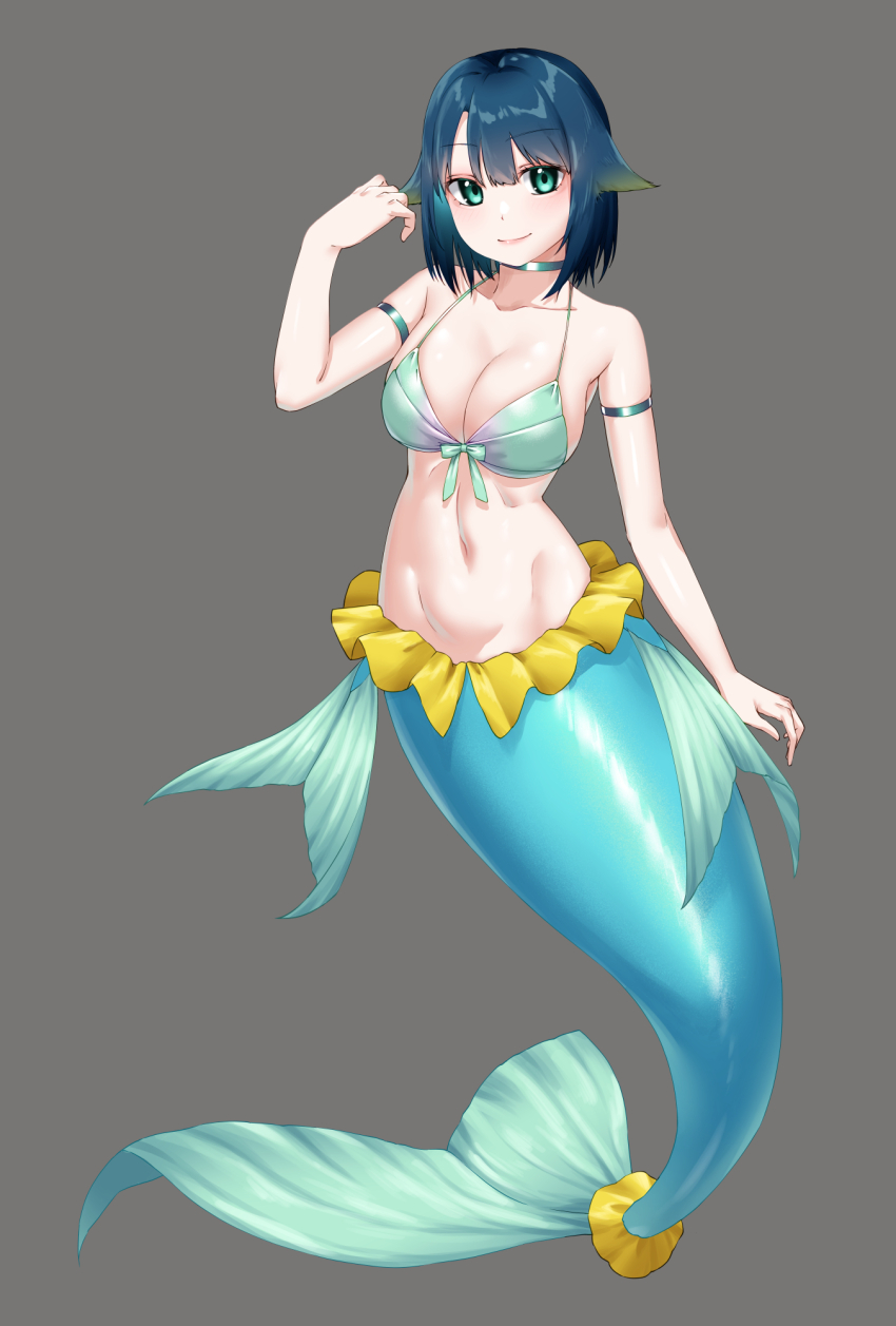 1girl aqua_bikini awono_nanaumi bikini blue_hair breasts cleavage closed_mouth collarbone commentary_request fins fukami_nana_(awono_nanaumi) full_body green_eyes grey_background hair_flaps hand_up highres large_breasts looking_at_viewer mermaid monster_girl navel original short_hair simple_background smile solo swimsuit