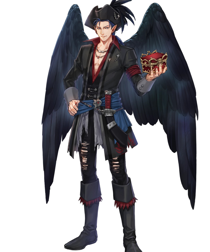1boy black_wings blue_eyes blue_hair boots earrings fire_emblem fire_emblem:_radiant_dawn fire_emblem_heroes full_body hand_on_own_hip hat highres holding jewelry kuroba.k laguz_(fire_emblem) long_hair low_neckline male_focus naesala_(fire_emblem) naesala_(pirate)_(fire_emblem) naesala_(sea&#039;s_shadow)_(fire_emblem) nintendo non-web_source official_art pants pirate_hat pointy_ears ponytail sash solo standing torn_clothes torn_pants transparent_background treasure_chest waist_sash wings