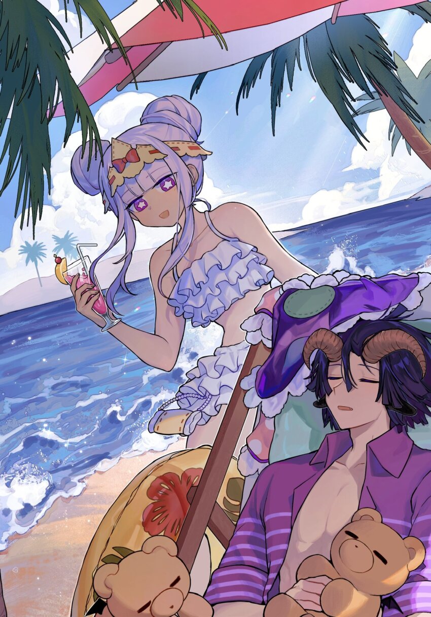 1boy 1girl alternate_costume alternate_hairstyle aurora_sya_lis_kaymin beach bikini blue_hair commentary_request day demon_cleric drink highres holding holding_drink hongxiaoyuji horns innertube long_hair maou-jou_de_oyasumi ocean open_clothes open_shirt outdoors palm_tree pectoral_cleavage pectorals purple_eyes purple_hair short_hair sleeping star-shaped_pupils star_(symbol) swim_ring swimsuit symbol-shaped_pupils teddy_demon tree