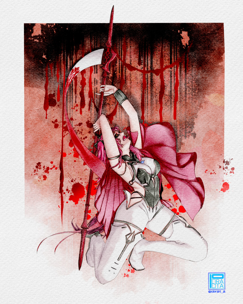 absurdres armor bikini_armor black_ribbon blood blood_stain bodysuit boots flag highres holding holding_polearm holding_weapon lupa_(wuthering_waves) open_mouth pink_hair polearm ribbon screaming weapon wuthering_waves yellow_eyes