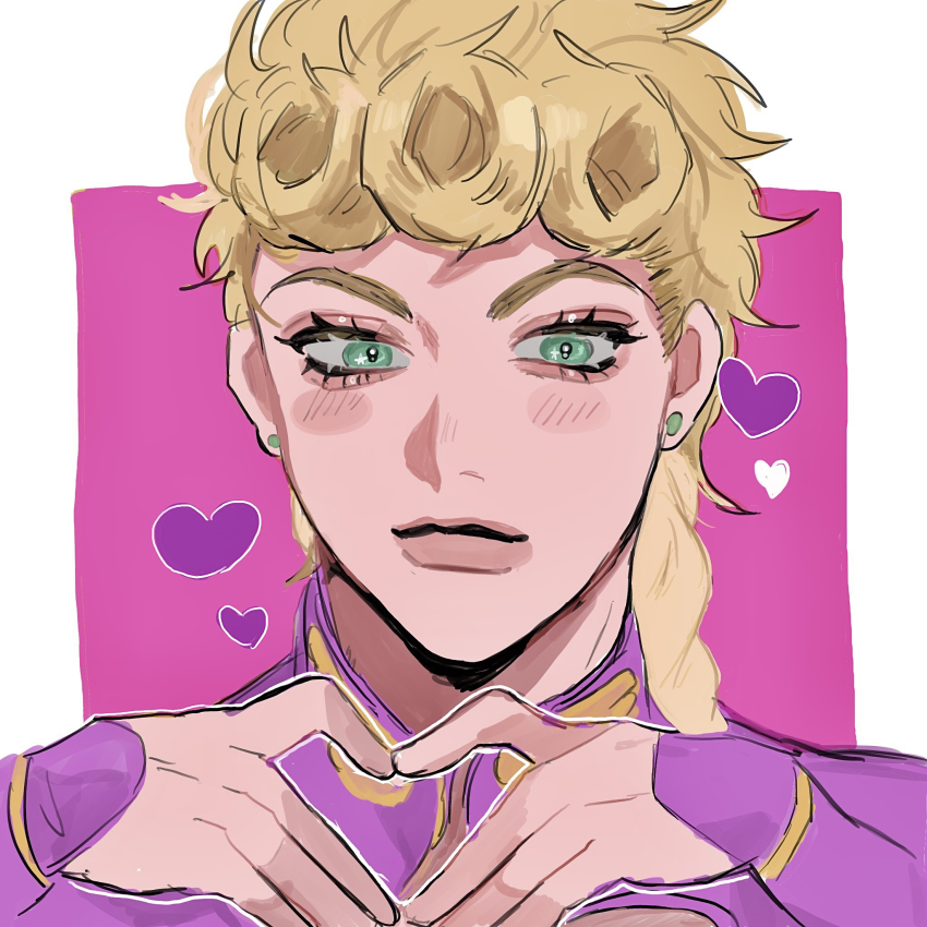 1boy blonde_hair braid clothing_cutout drawn_heart earrings eyelashes giorno_giovanna green_eyes heart heart_hands highres jacket jewelry jojo_no_kimyou_na_bouken long_hair long_sleeves looking_at_viewer male_focus matubaru_chan outline pink_background pink_jacket pink_theme portrait sleeves_past_wrists solo star_(symbol) star_in_eye straight-on stud_earrings symbol_in_eye vento_aureo victory_rolls white_outline wing_ornament