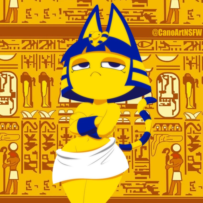 1girl absurdres ancient_egyptian ancient_egyptian_clothes animal_crossing animal_ears ankh ankha_(animal_crossing) arm_guards black_eyes blue_fur blue_hair blunt_bangs bob_cut body_fur breasts cat_ears cat_girl cat_tail cleavage colored_skin furry furry_female groin hair_ornament hieroglyphics highres loincloth navel nintendo sanoarts short_hair snake_hair_ornament striped_tail tail thighs uraeus wide_hips yellow_fur yellow_skin