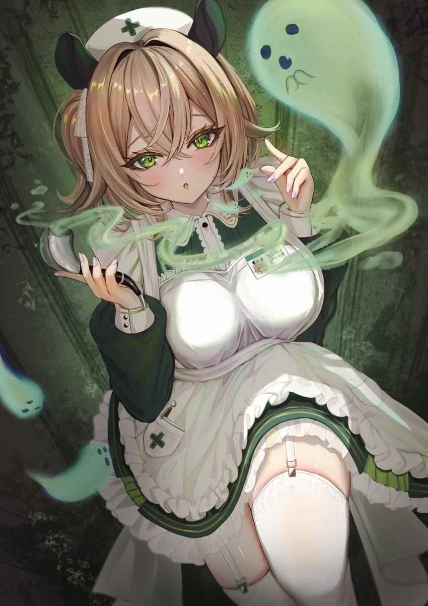 1girl absurdres animal_ears apron breasts center_frills commentary contrast_collar crossed_bangs dress fingernails frills garter_straps green_dress green_eyes hair_between_eyes hands_up hat highres holding holding_smoking_pipe indie_virtual_youtuber knee_up large_breasts long_sleeves looking_at_viewer mito_soosu name_tag naplings_(nimi_nightmare) nimi_nightmare nurse nurse_cap one_side_up open_mouth smoking_pipe solo tapir_ears tapir_girl thighhighs virtual_youtuber white_apron white_thighhighs